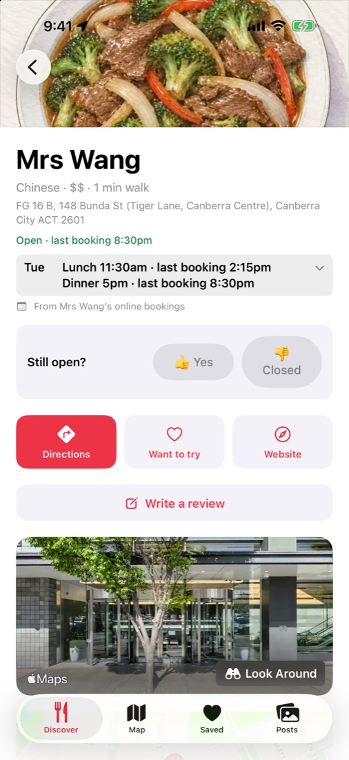 Toque place page for Mrs Wang showing Open, last booking 8:30pm, from Mrs Wang's online bookings